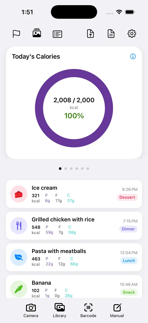 The app's home screen: a purple ring showing 2,008 of 2,000 kcal for the day, and a
list of logged meals with their calories and macros.